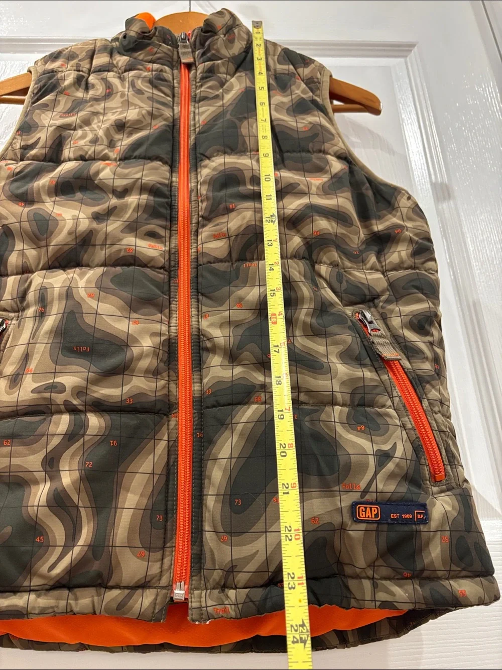 GAP Camouflage Puffer Vest with Bright Orange Trim
